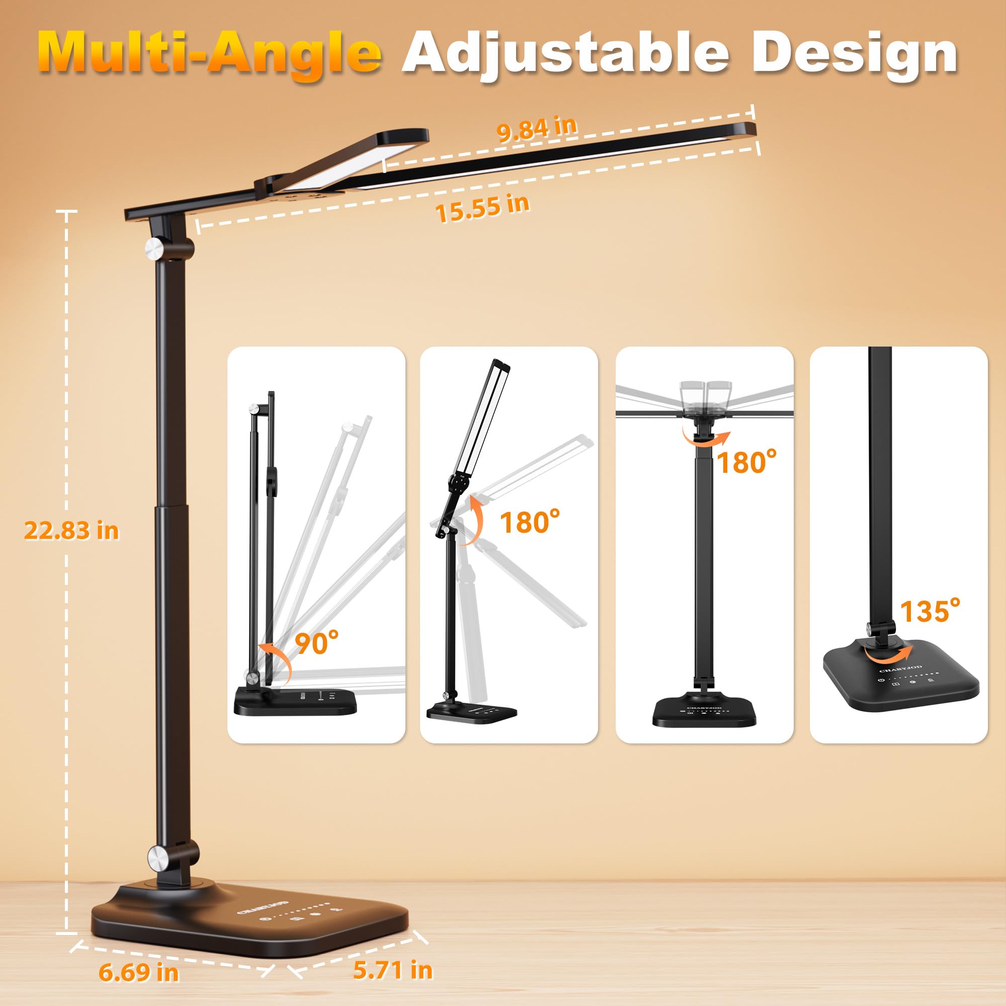 CHARYJOD LED Desk Lamp offers stepless dimming to tailor brightness and warmth.