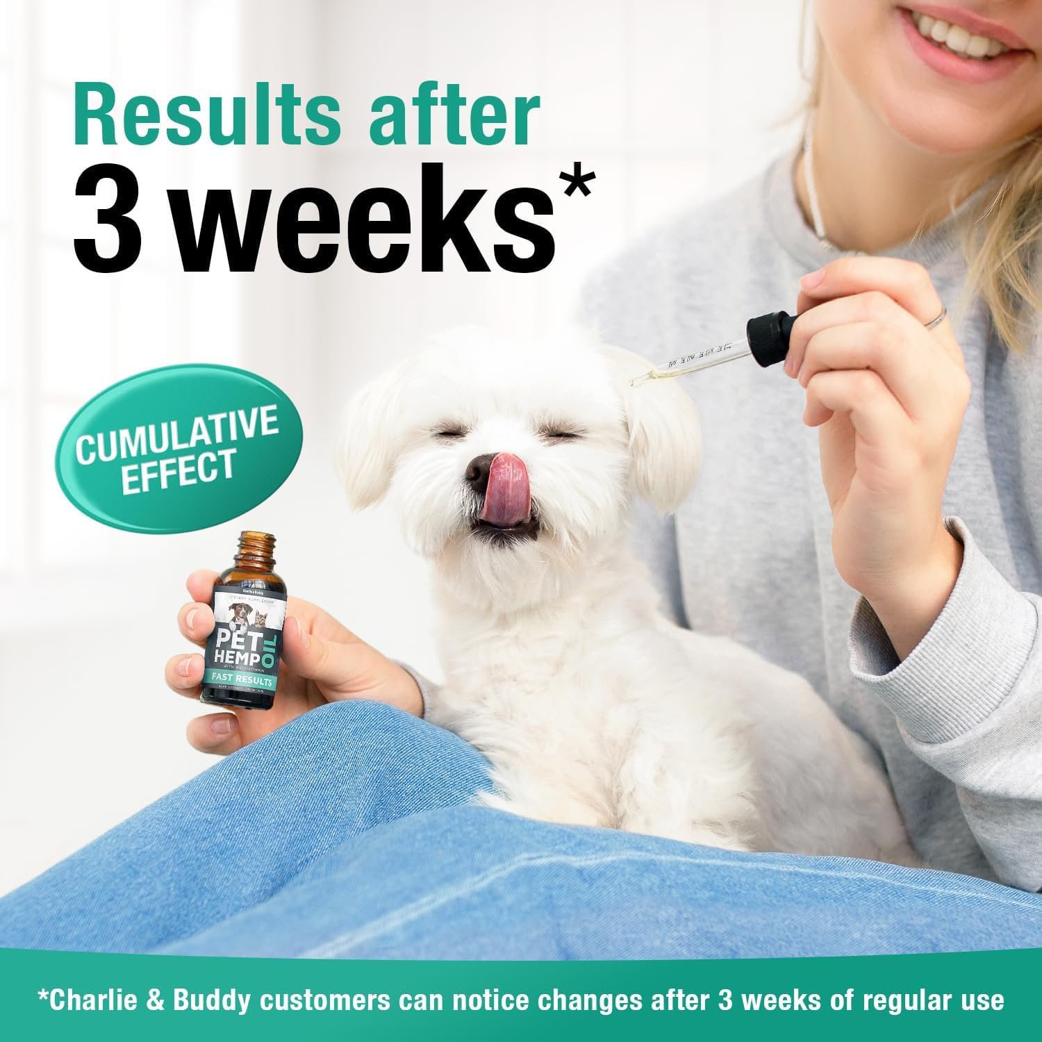 Travel-ready Charlie & Buddy bottle shown with pet in a carrier.