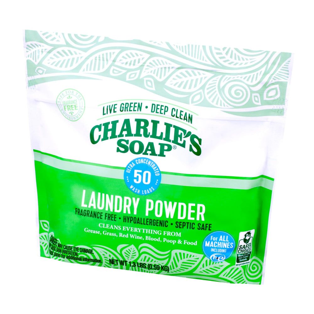 Charlie's Soap eco-friendly packaging highlights greener cleaning choices.