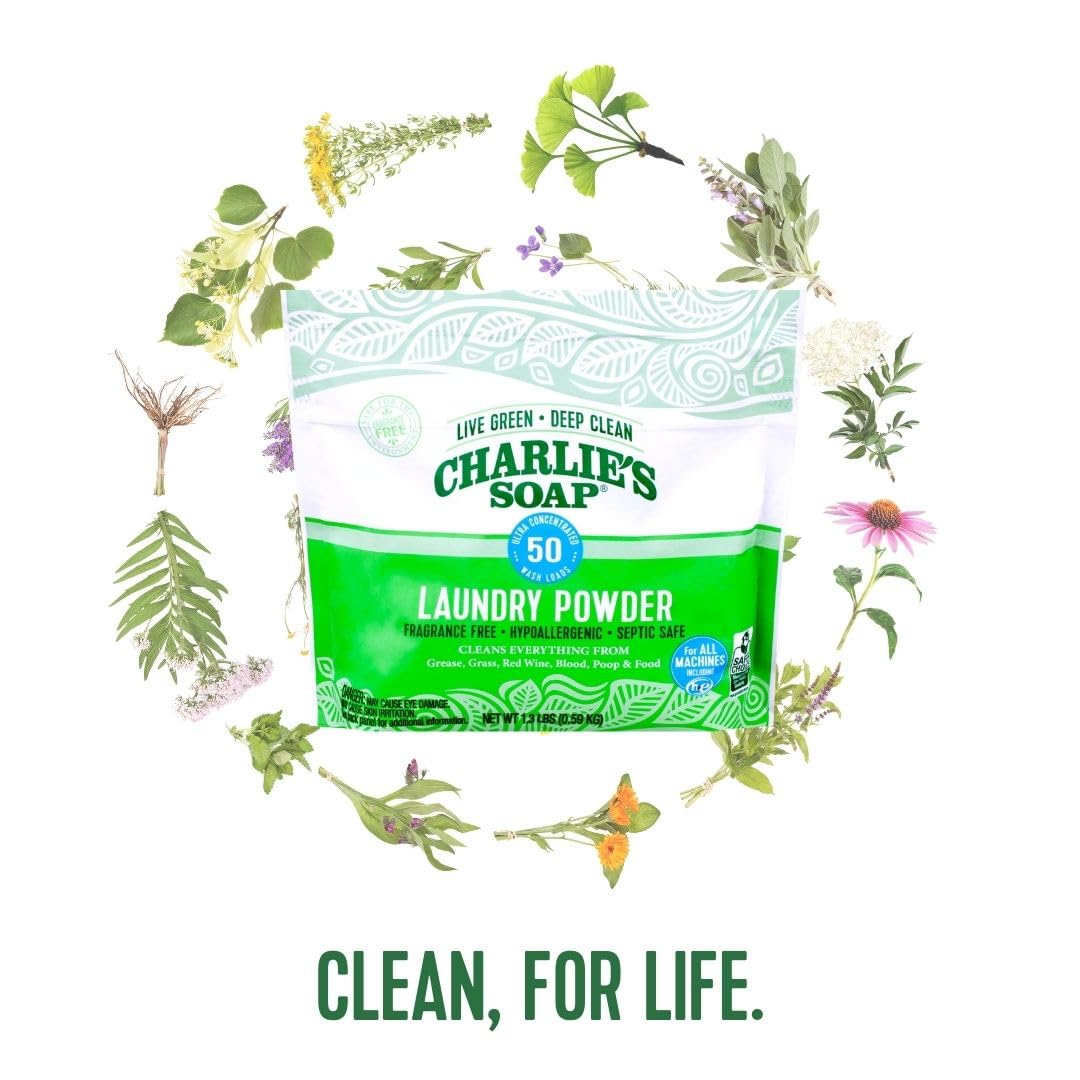 Charlie's Soap minimal-ingredients badge reveals a simple, transparent formula.