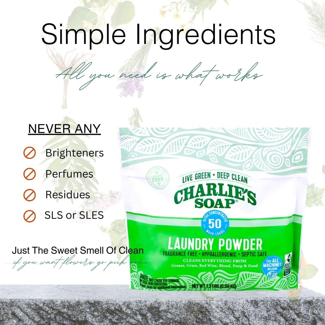 Charlie's Soap septic-safe badge emphasizes compatibility with septic systems.