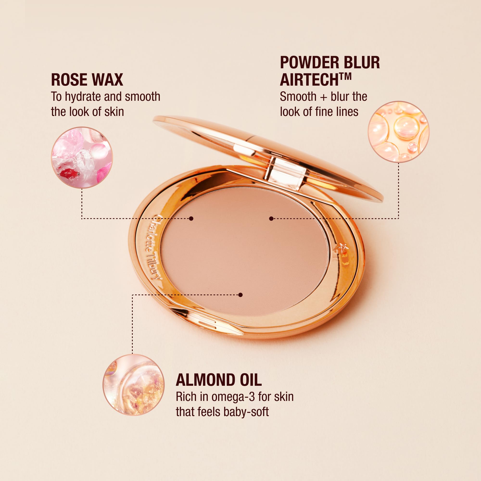 Charlotte Tilbury Airbrush Flawless Finish Powder contains rose wax for moisture balance.