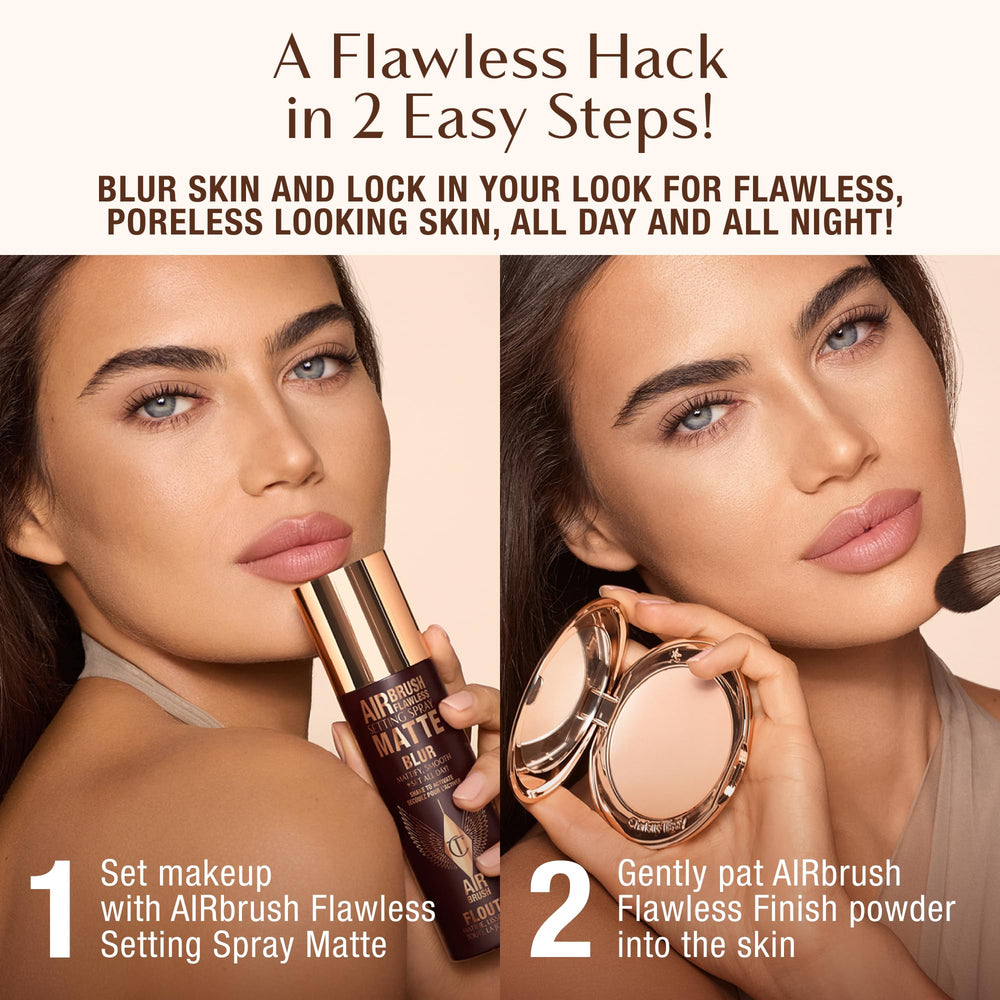 Fine mist from Charlotte Tilbury Airbrush Flawless Setting Spray creating a subtle, natural glow on skin.