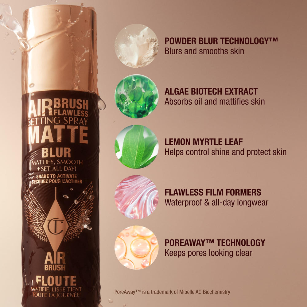 Charlotte Tilbury Airbrush Flawless Setting Spray bottle shown beside aloe vera motif signaling soothing ingredients.