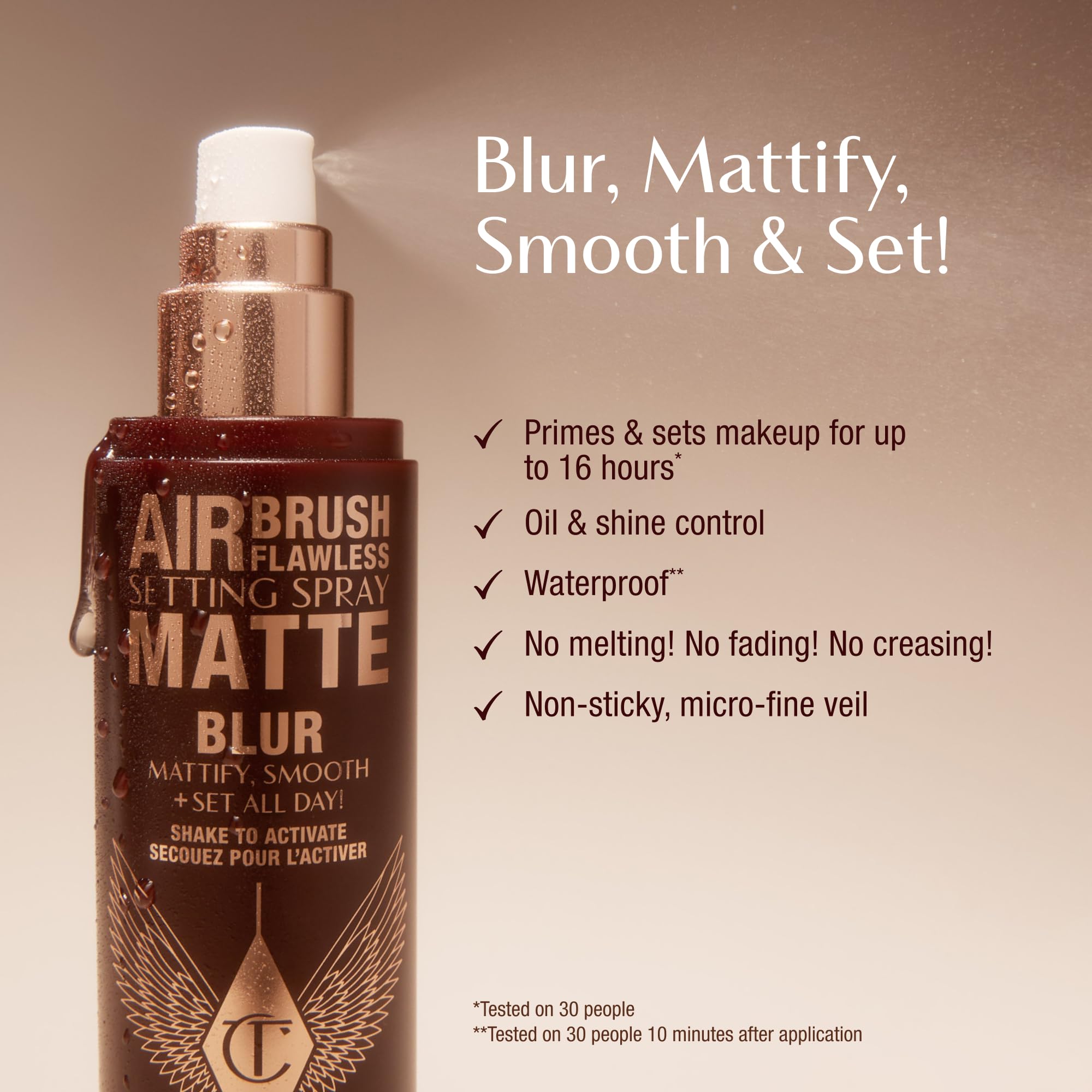 Charlotte Tilbury Airbrush Flawless Setting Spray nozzle delivering a refreshing mist to refresh makeup mid‑day.