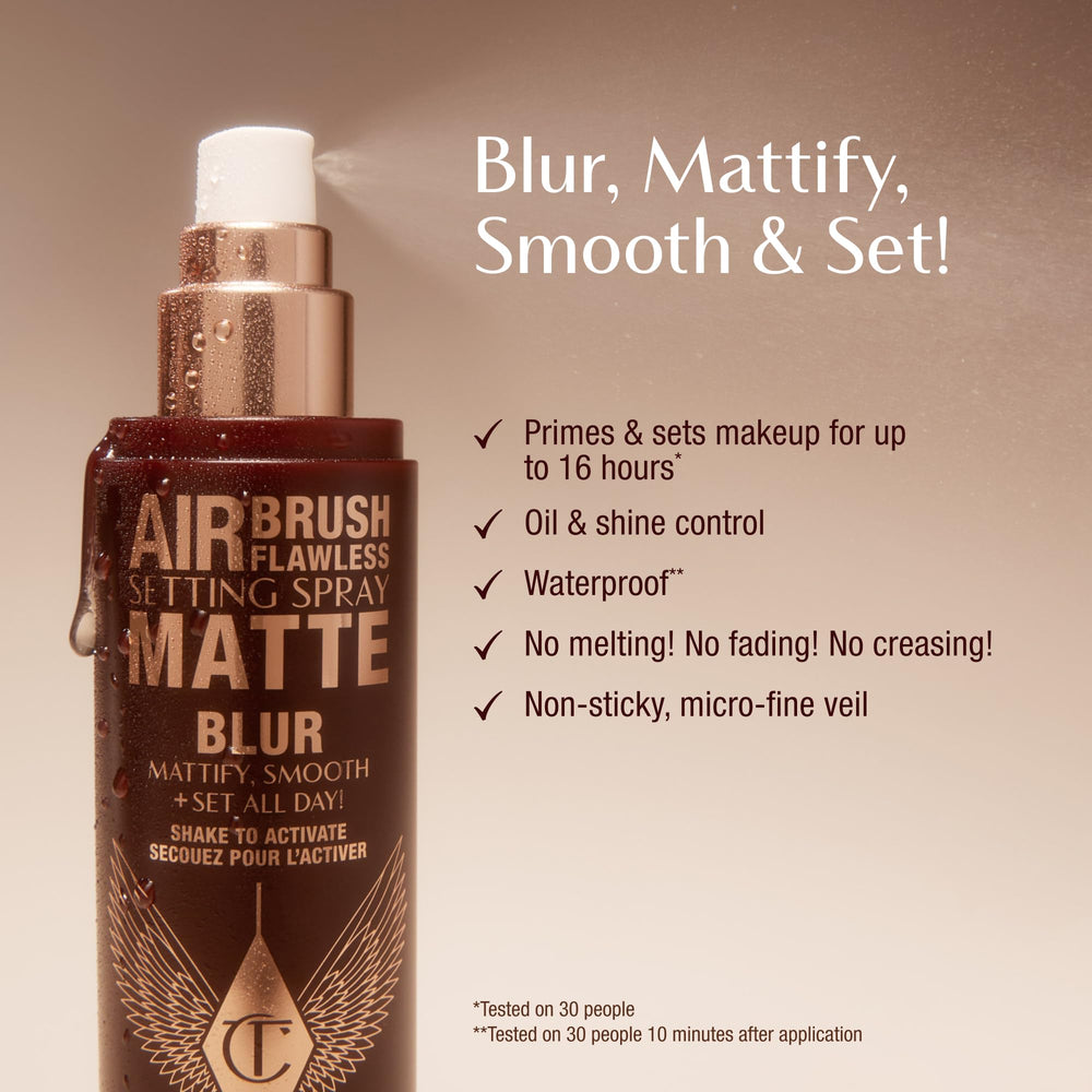 Charlotte Tilbury Airbrush Flawless Setting Spray nozzle delivering a refreshing mist to refresh makeup mid‑day.