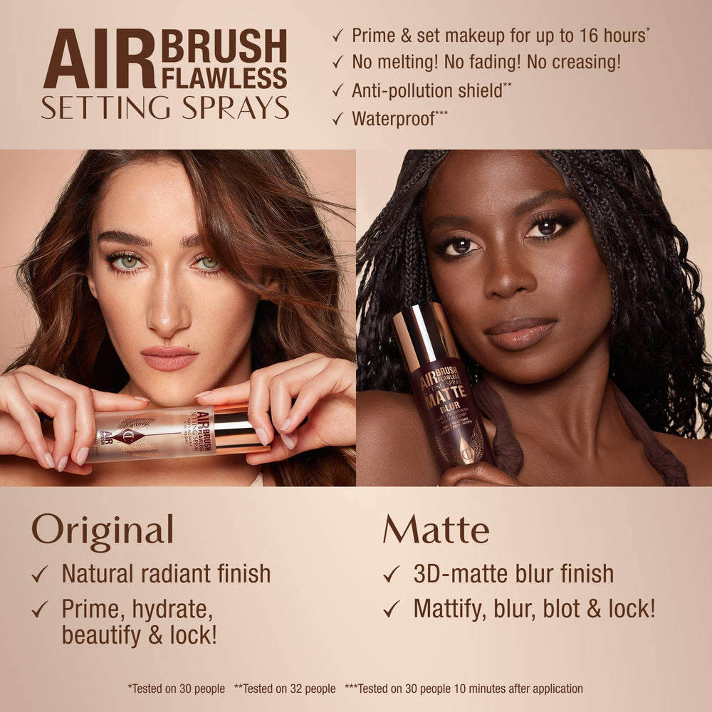 Packaging on vanity with studio lighting for Charlotte Tilbury Airbrush Flawless Setting Spray.