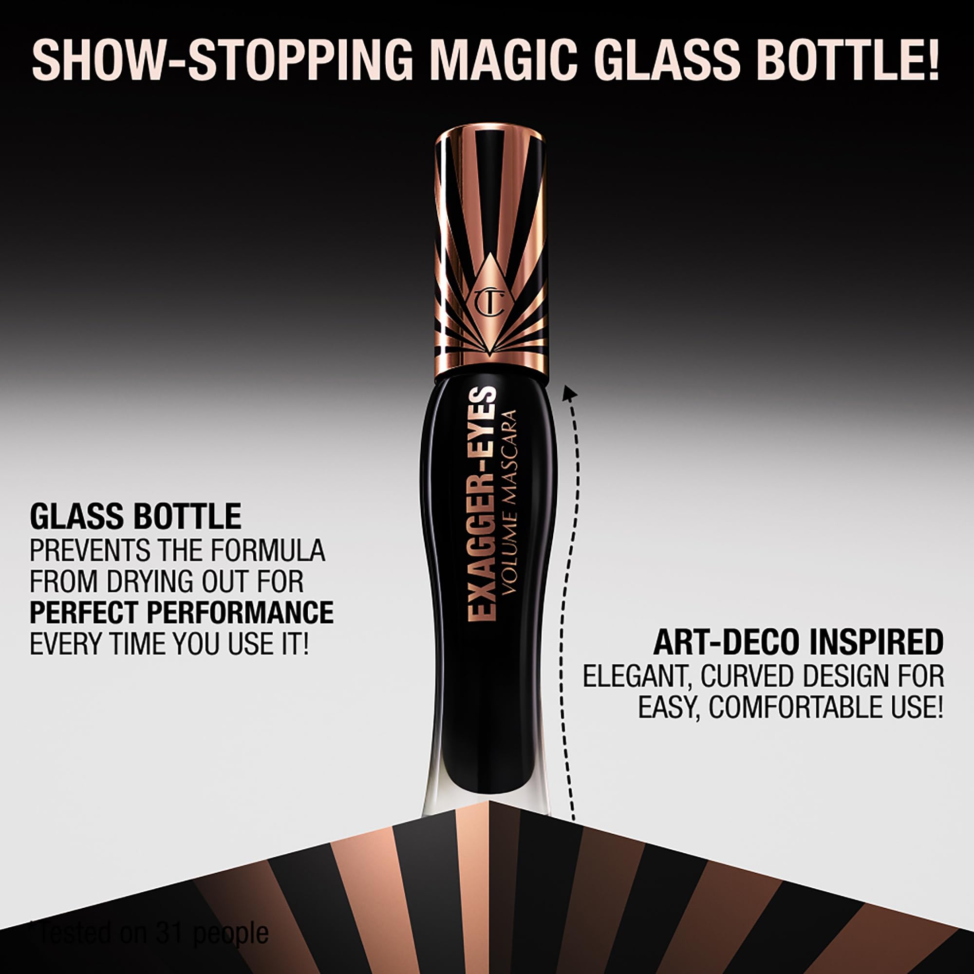Charlotte Tilbury Exagger-Eyes 2x curl effect visible on lashes.
