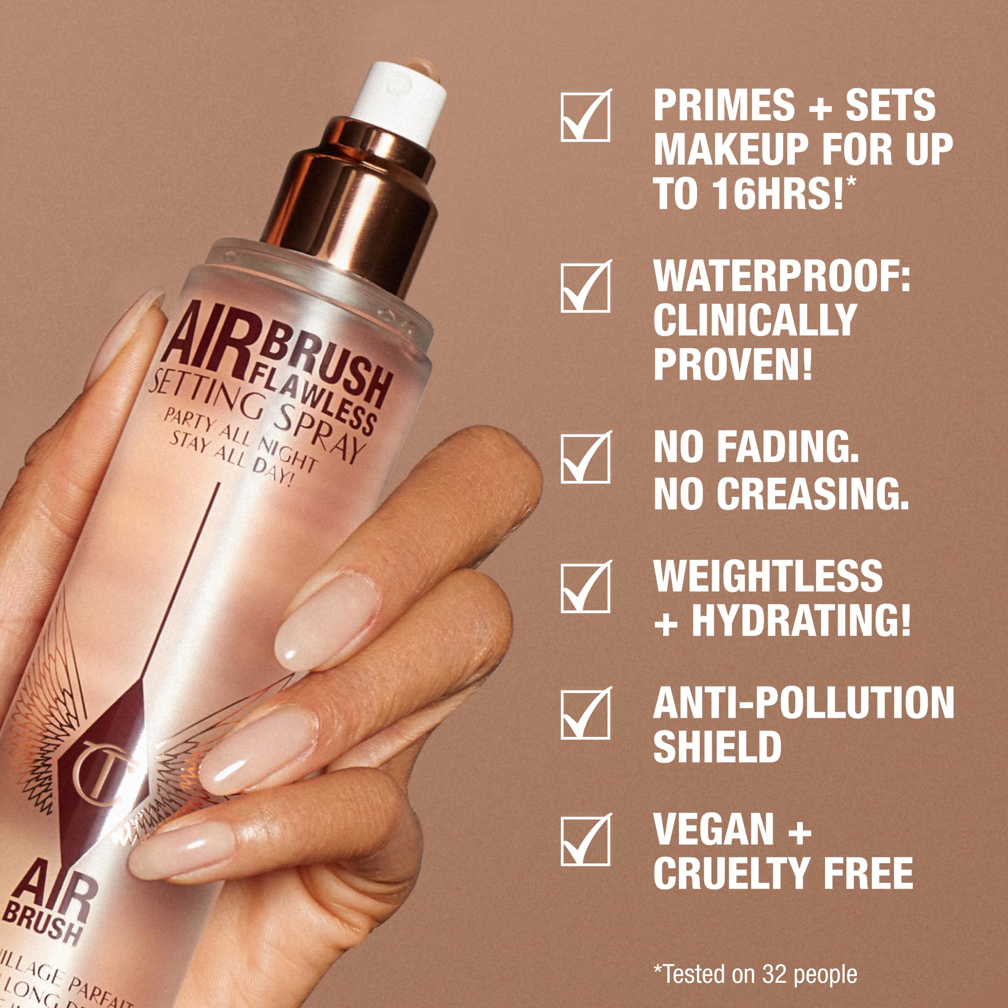 Charlotte Tilbury hydrating setting spray mist being applied to skin for priming.