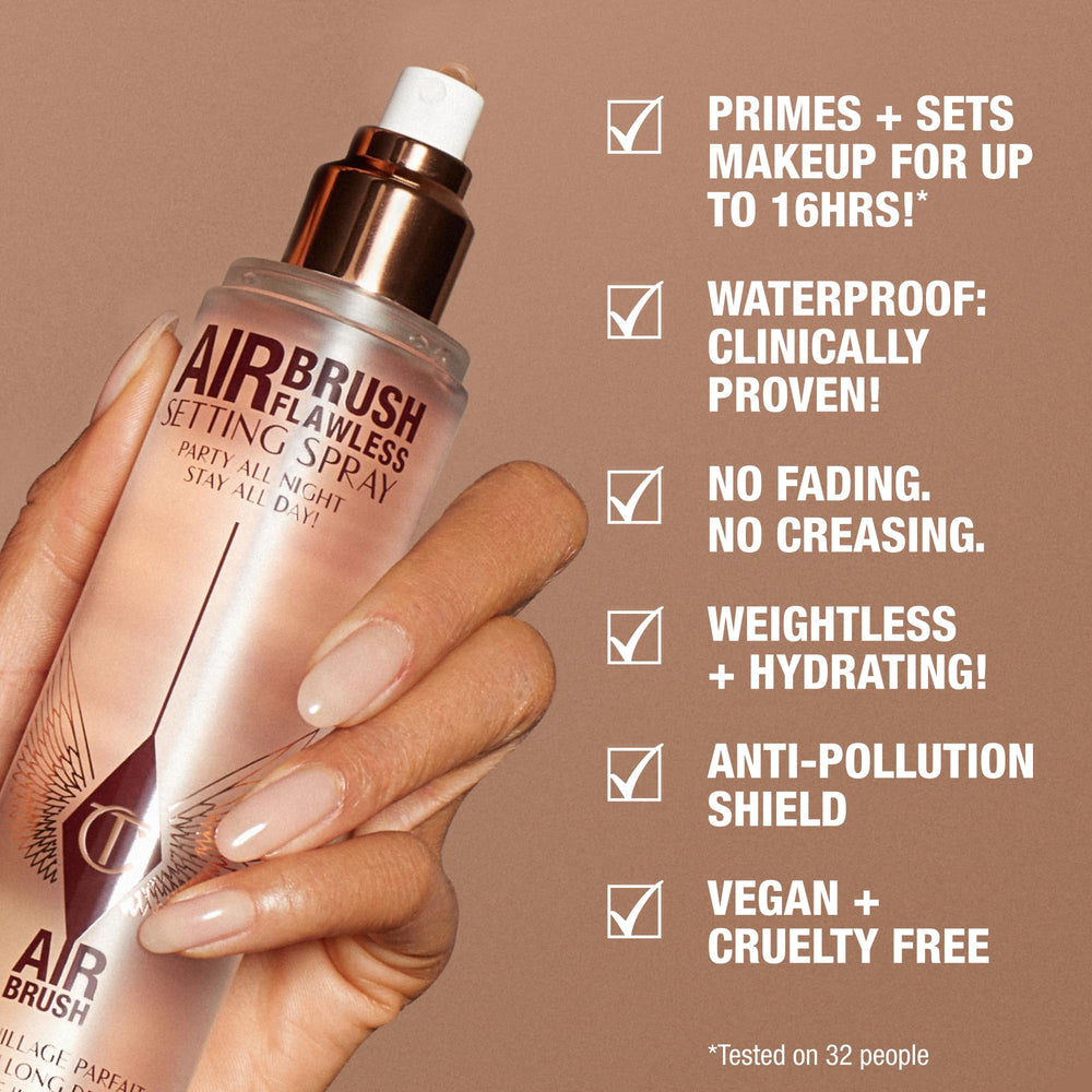 Charlotte Tilbury hydrating setting spray mist being applied to skin for priming.