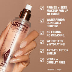 Charlotte Tilbury hydrating setting spray mist being applied to skin for priming.