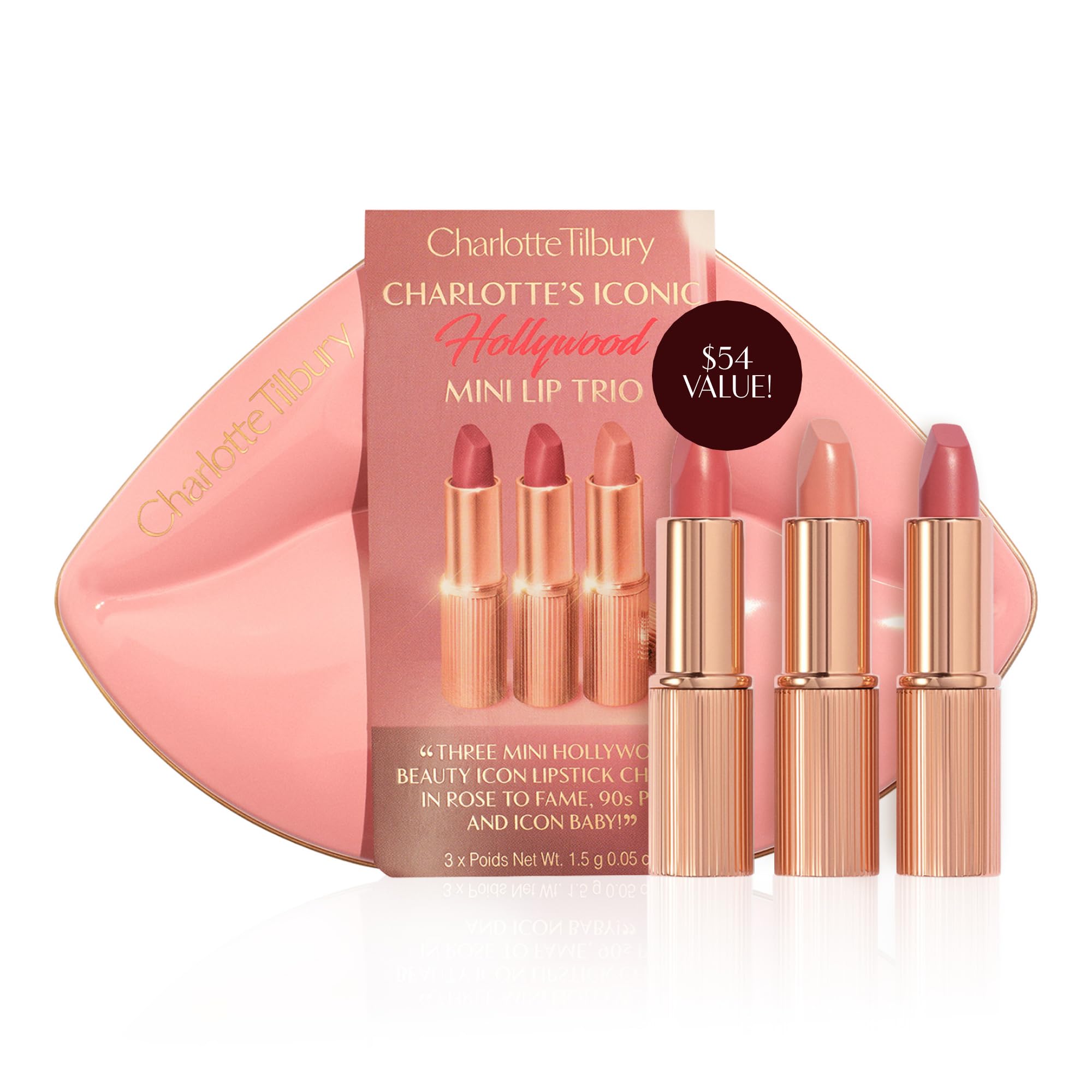 Charlotte Tilbury Iconic Hollywood Lip Trio packfront showing three travel-size lipsticks for on-the-go glamour.