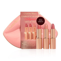 Charlotte Tilbury Iconic Hollywood Lip Trio packfront showing three travel-size lipsticks for on-the-go glamour.