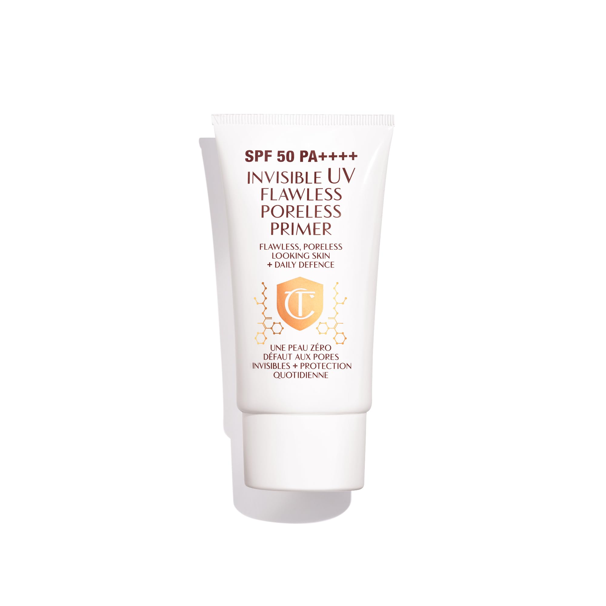 Charlotte Tilbury Invisible UV Flawless Primer bottle showing weightless, invisible finish for all skin tones.
