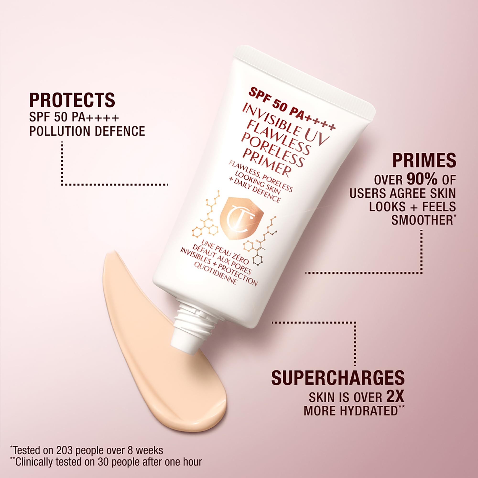 Charlotte Tilbury Invisible UV Flawless Primer on skin swatch demonstrates pore-blurring effect.