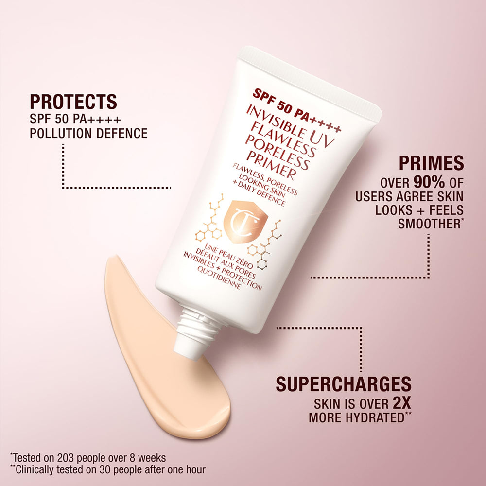 Charlotte Tilbury Invisible UV Flawless Primer on skin swatch demonstrates pore-blurring effect.