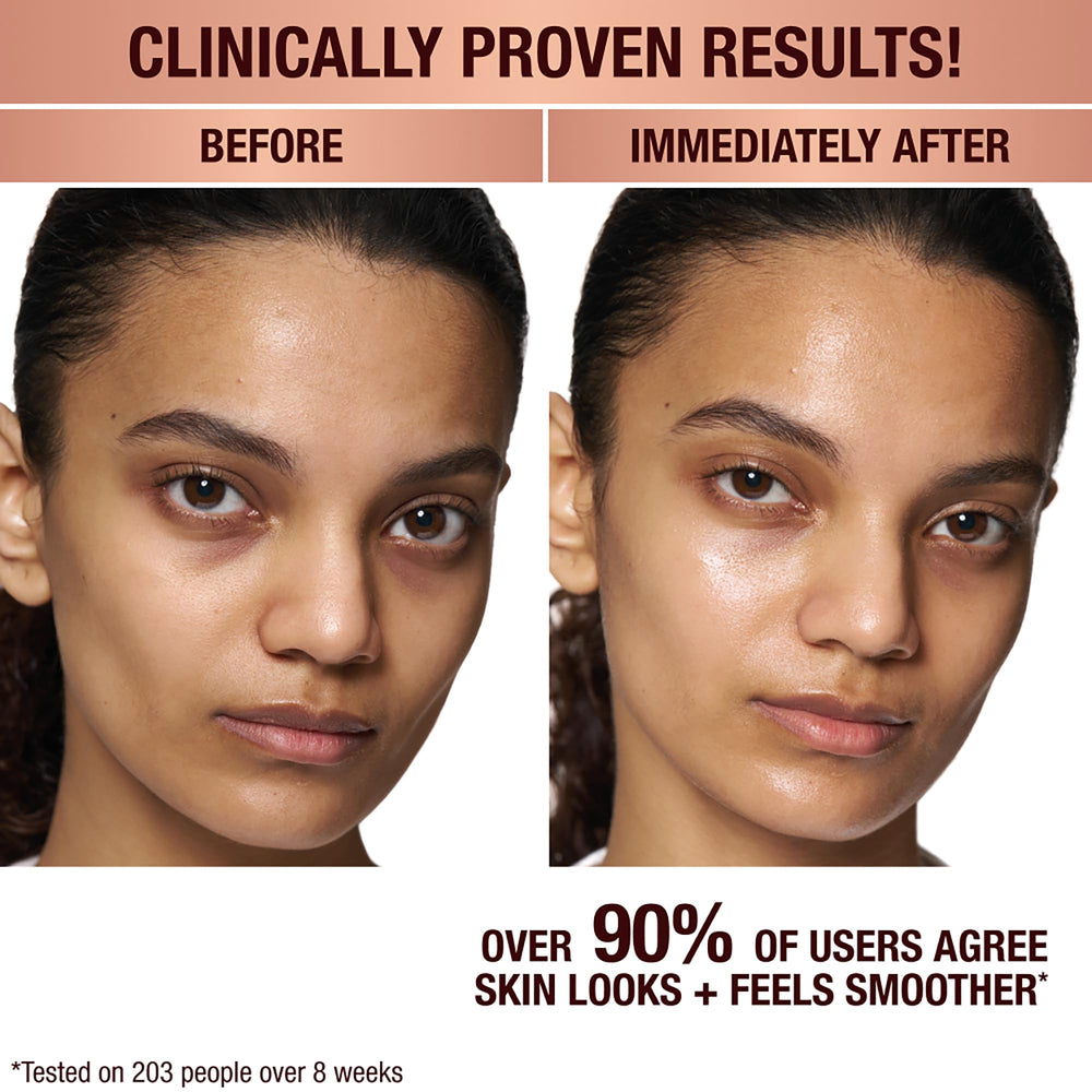 Charlotte Tilbury Invisible UV Flawless Primer texture close-up shows satin-smooth glide for makeup prep.