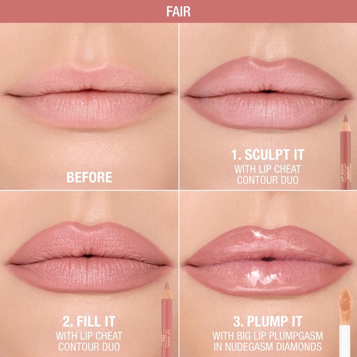 Charlotte Tilbury Lip Cheat Contour Duo Fill swatch delivering creamy nude color for day-to-night wear.