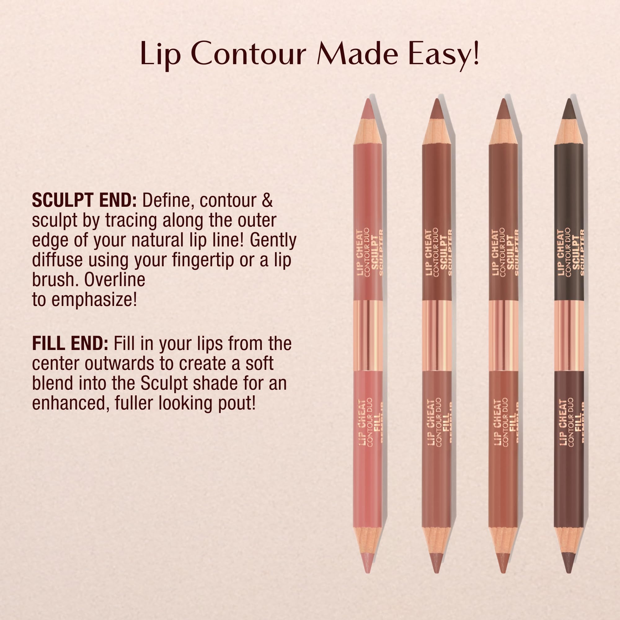 Charlotte Tilbury Lip Cheat Contour Duo model demonstrates lip definition and contouring.