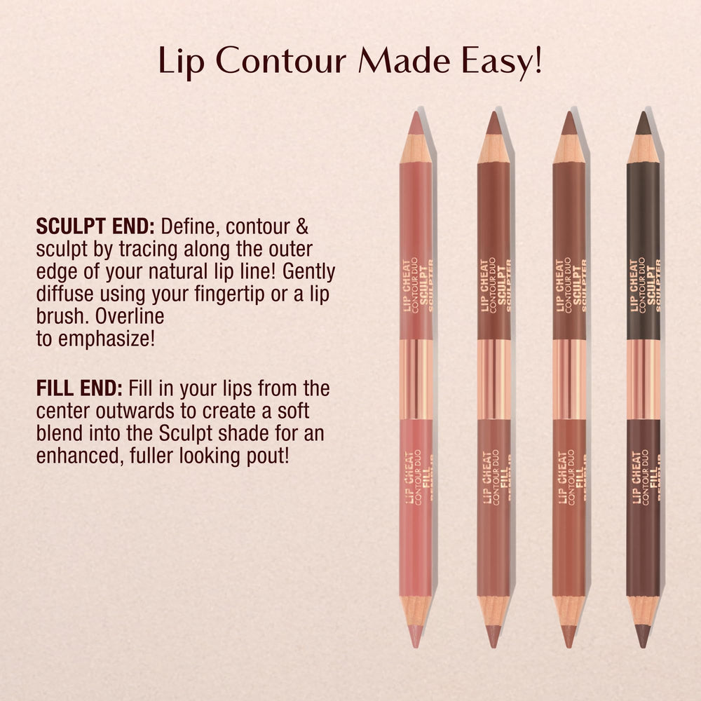 Charlotte Tilbury Lip Cheat Contour Duo model demonstrates lip definition and contouring.