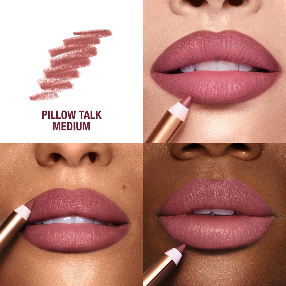 Charlotte Tilbury Lip Cheat Pillow Talk Medium swatch on lips demonstrating fuller definition.