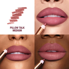 Charlotte Tilbury Lip Cheat Pillow Talk Medium swatch on lips demonstrating fuller definition.