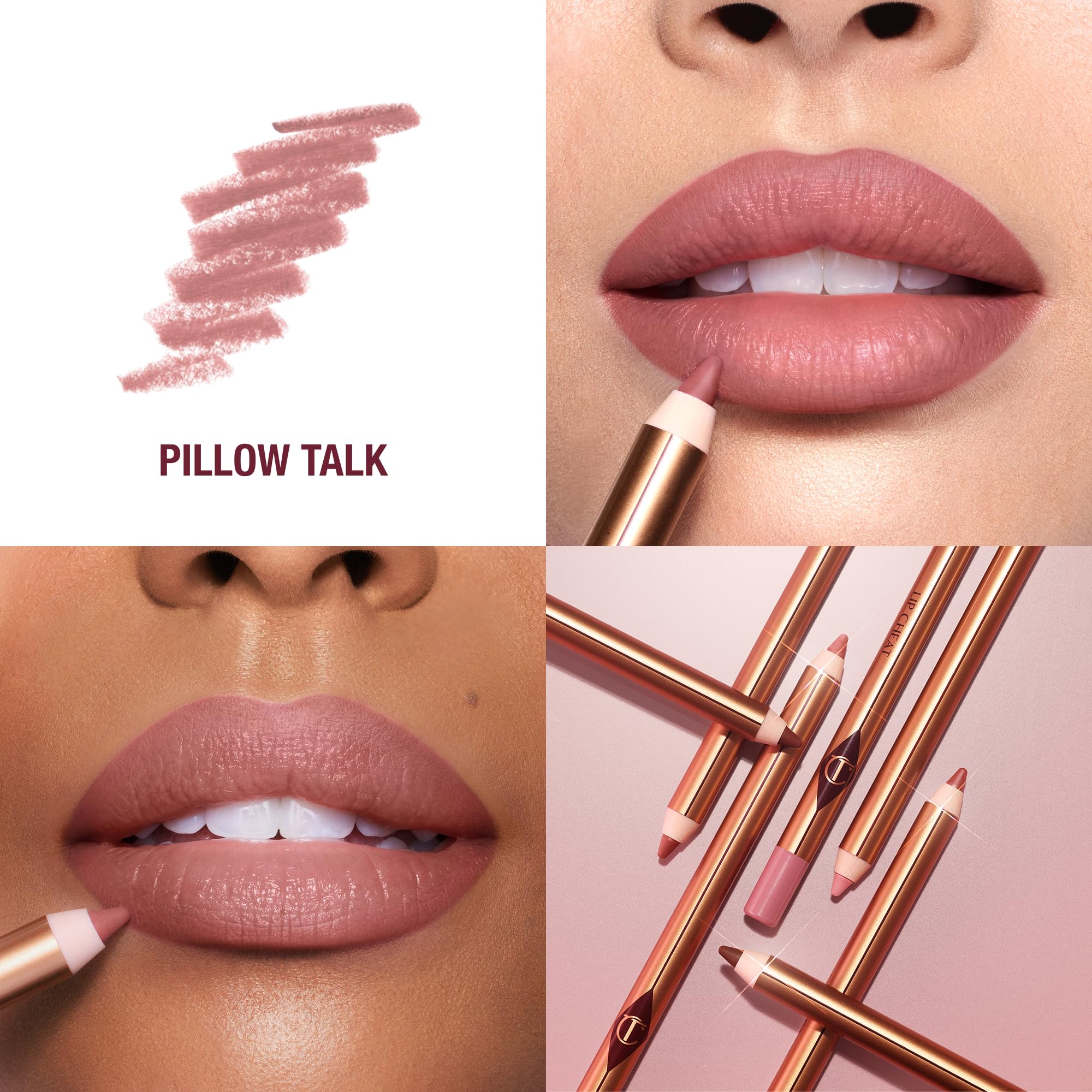 Charlotte Tilbury Lip Cheat Pillow Talk applied lip demonstrates fuller-looking pout with precise outline.