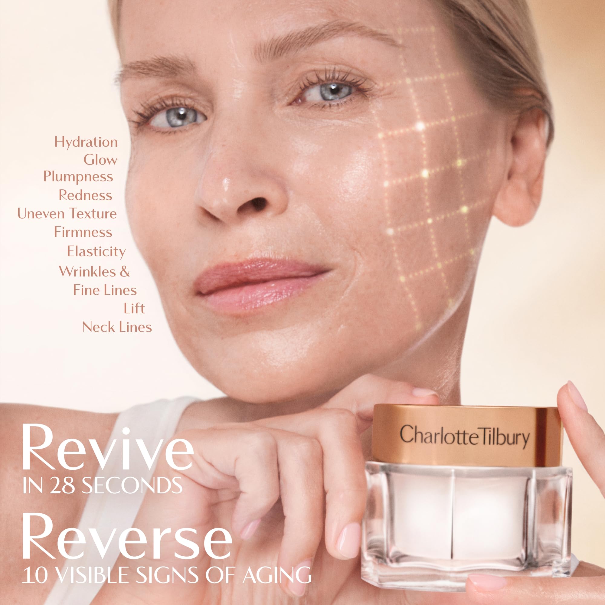 Rosehip oil drops highlight nourishing plumpness in Charlotte Tilbury Magic Cream.