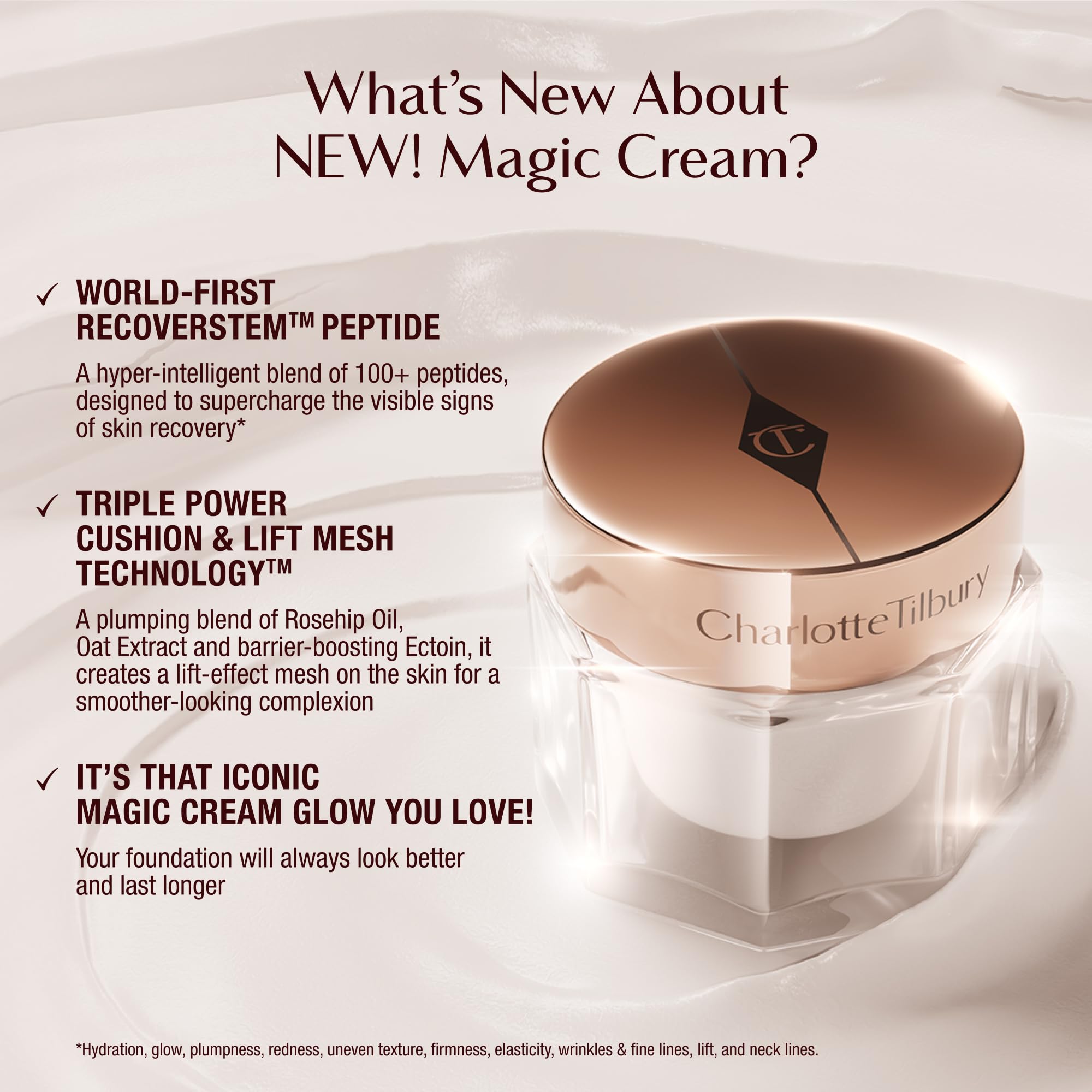 Texture swirls of Charlotte Tilbury Magic Cream illustrate creamy consistency for easy application.