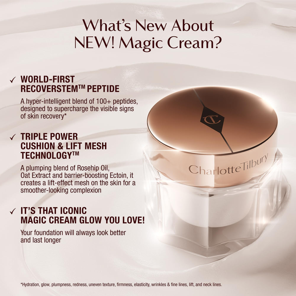 Texture swirls of Charlotte Tilbury Magic Cream illustrate creamy consistency for easy application.