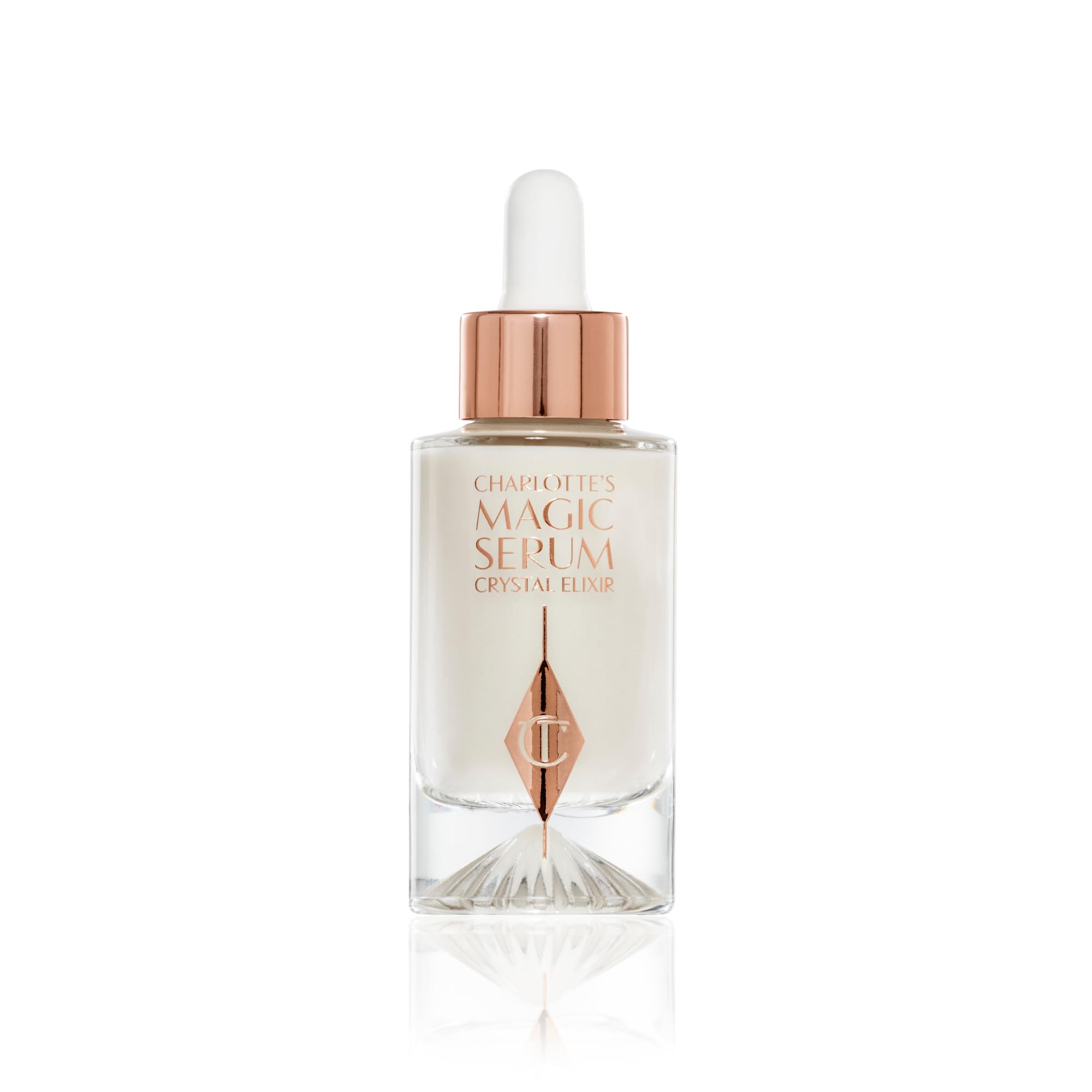 Charlotte Tilbury Magic Serum Crystal Elixir bottle close-up highlighting glow-boosting hydration