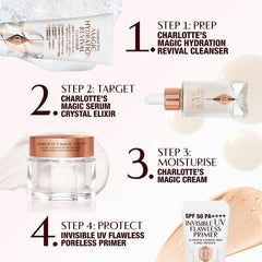 Makeup prep ready canvas with Charlotte Tilbury Crystal Elixir for a dewy finish
