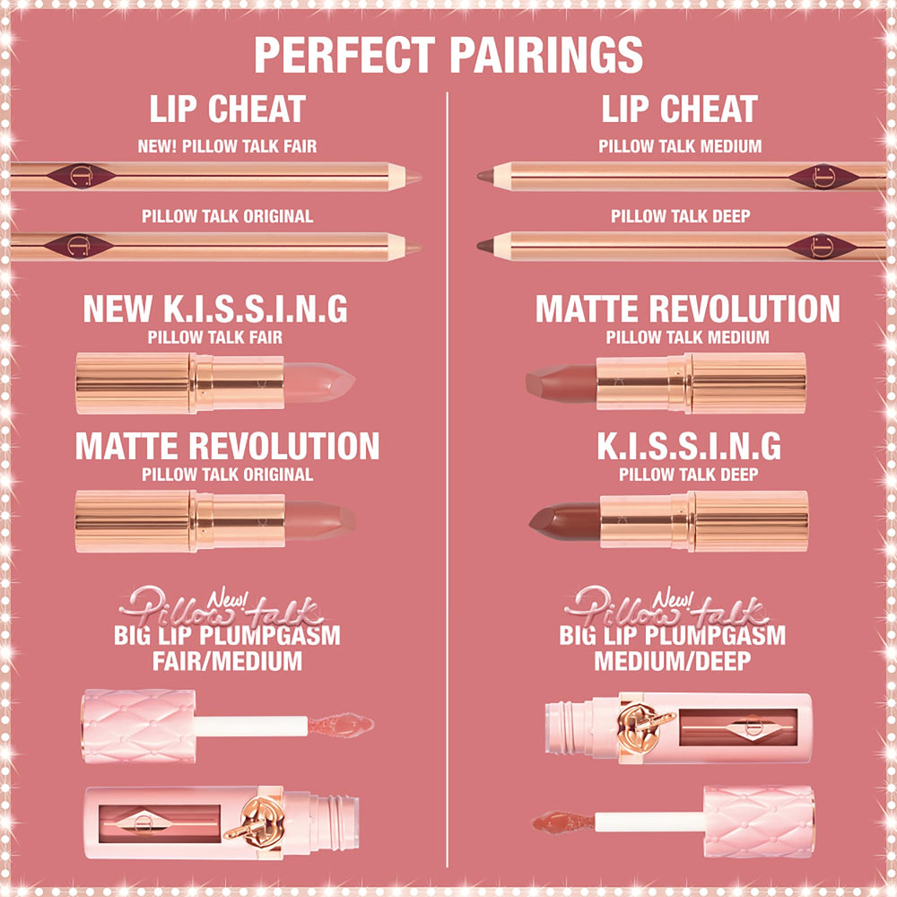 Charlotte Tilbury Pillow Talk Fair Medium shade swatch shows pink nude versatility.