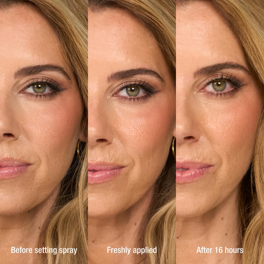 Charlotte Tilbury setting spray close-up showing pore-blurring effect.