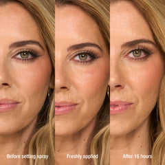 Charlotte Tilbury setting spray close-up showing pore-blurring effect.