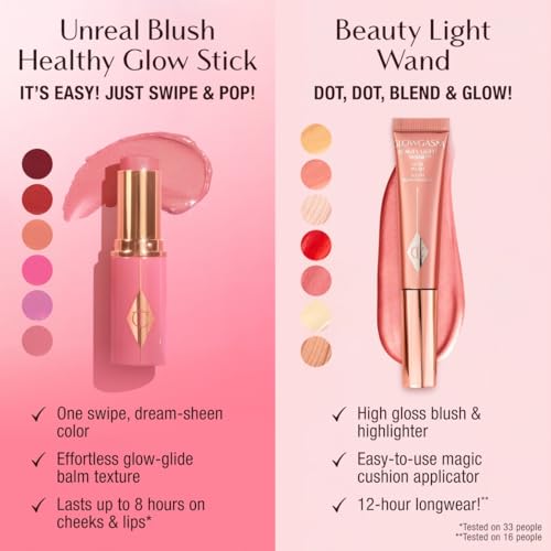 Charlotte Tilbury Unreal Healthy Glow Blush Stick swipe on cheekbone for natural radiance.