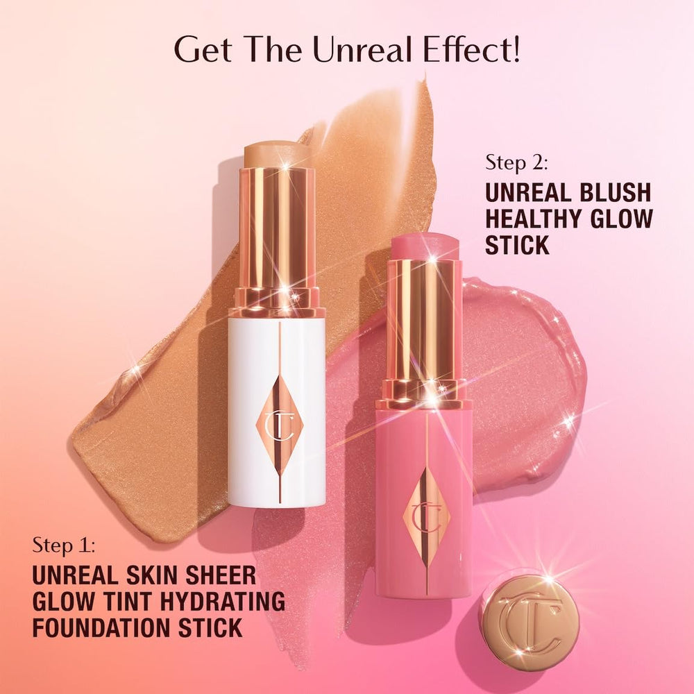 Charlotte Tilbury Unreal Healthy Glow Blush Stick soft-focus finish on sun-kissed skin.