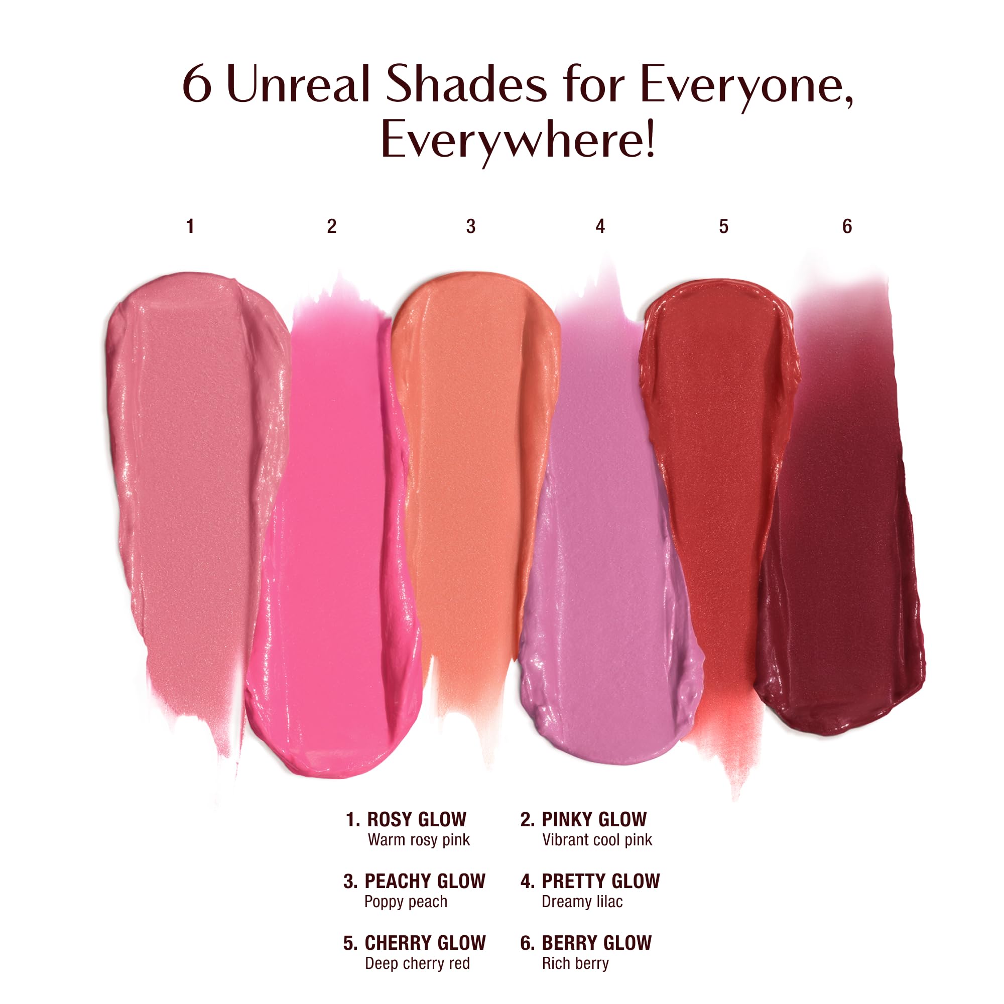Charlotte Tilbury Unreal Healthy Glow Blush Stick shade swatches show pink, peach, deep cherry.