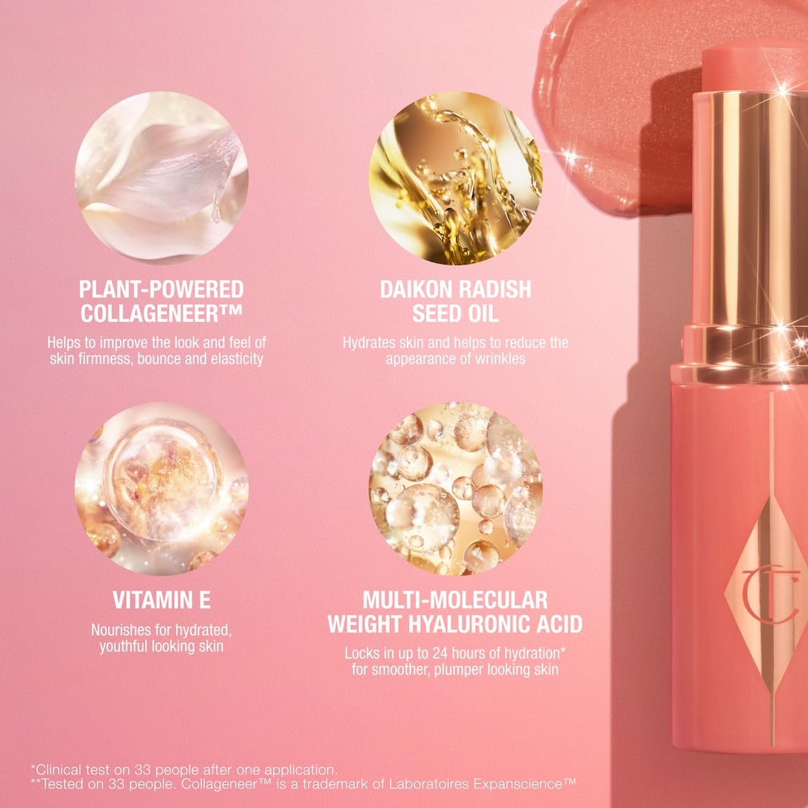 Charlotte Tilbury Unreal Healthy Glow Blush Stick on lips and cheeks for juicy sheen.