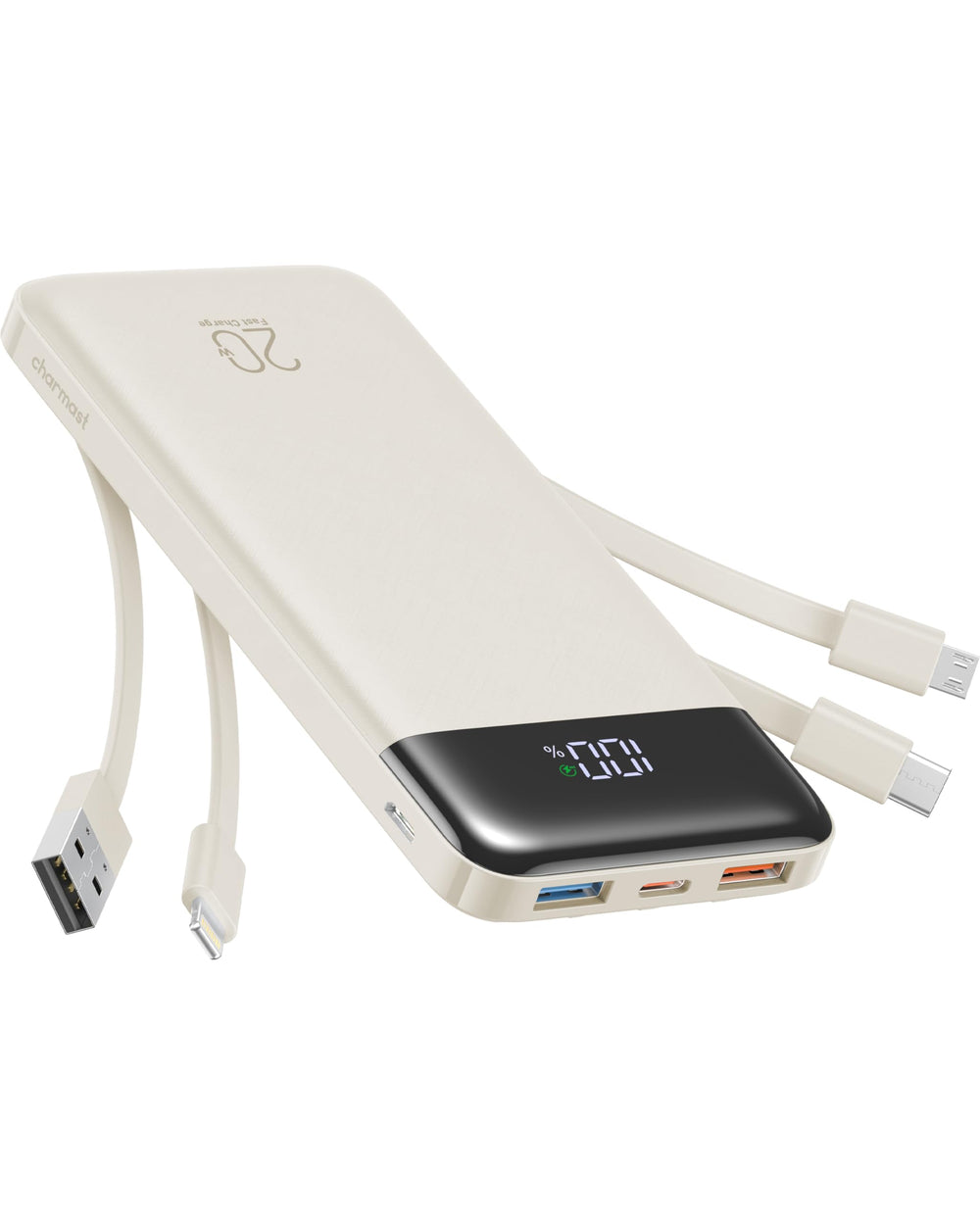 Charmast 20000mAh portable charger with built-in cables for instant on-the-go charging.