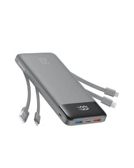 Charmast power bank front view with built in cables for on the go charging.