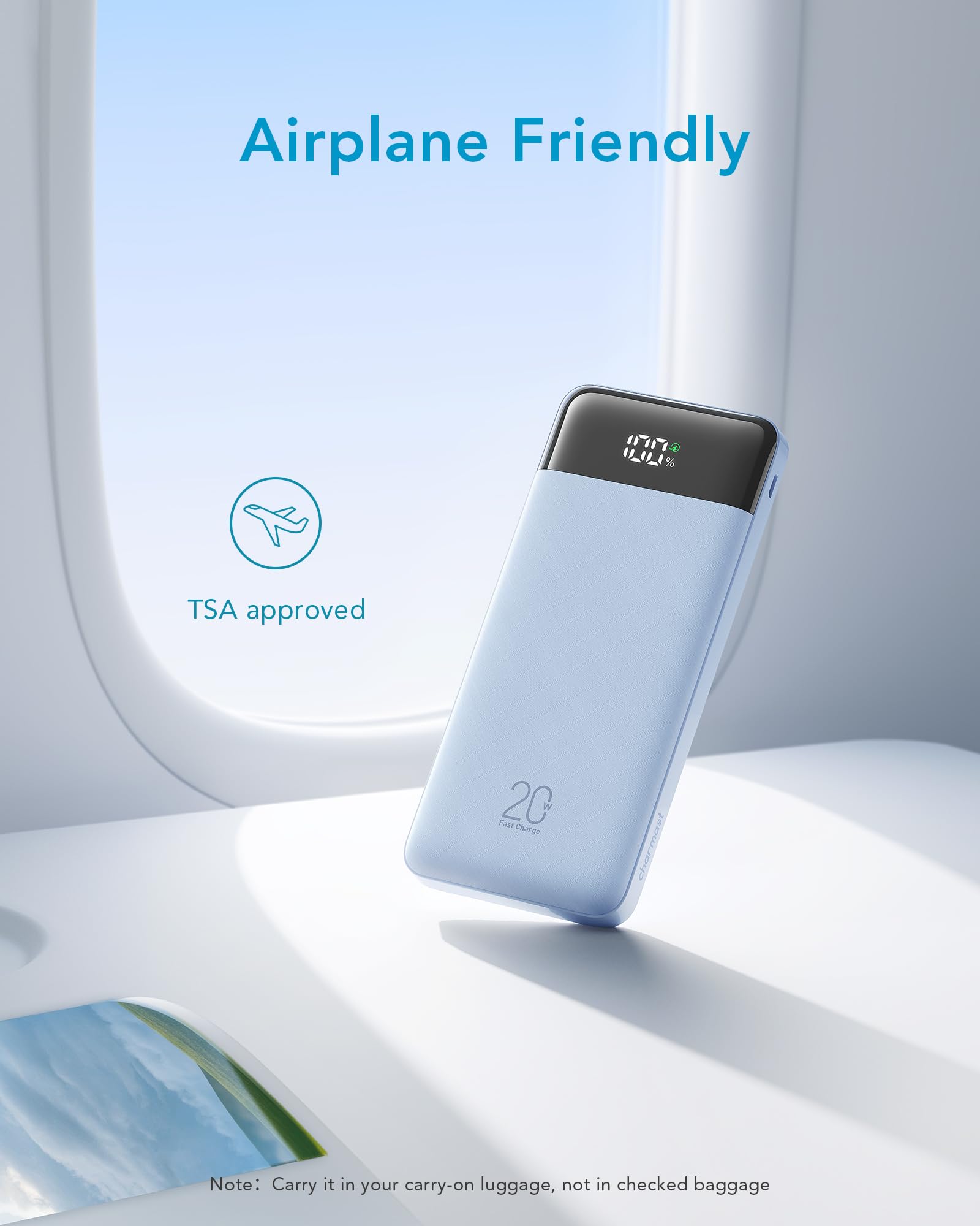 Charmast compact power bank with travel friendly size fits in a bag.