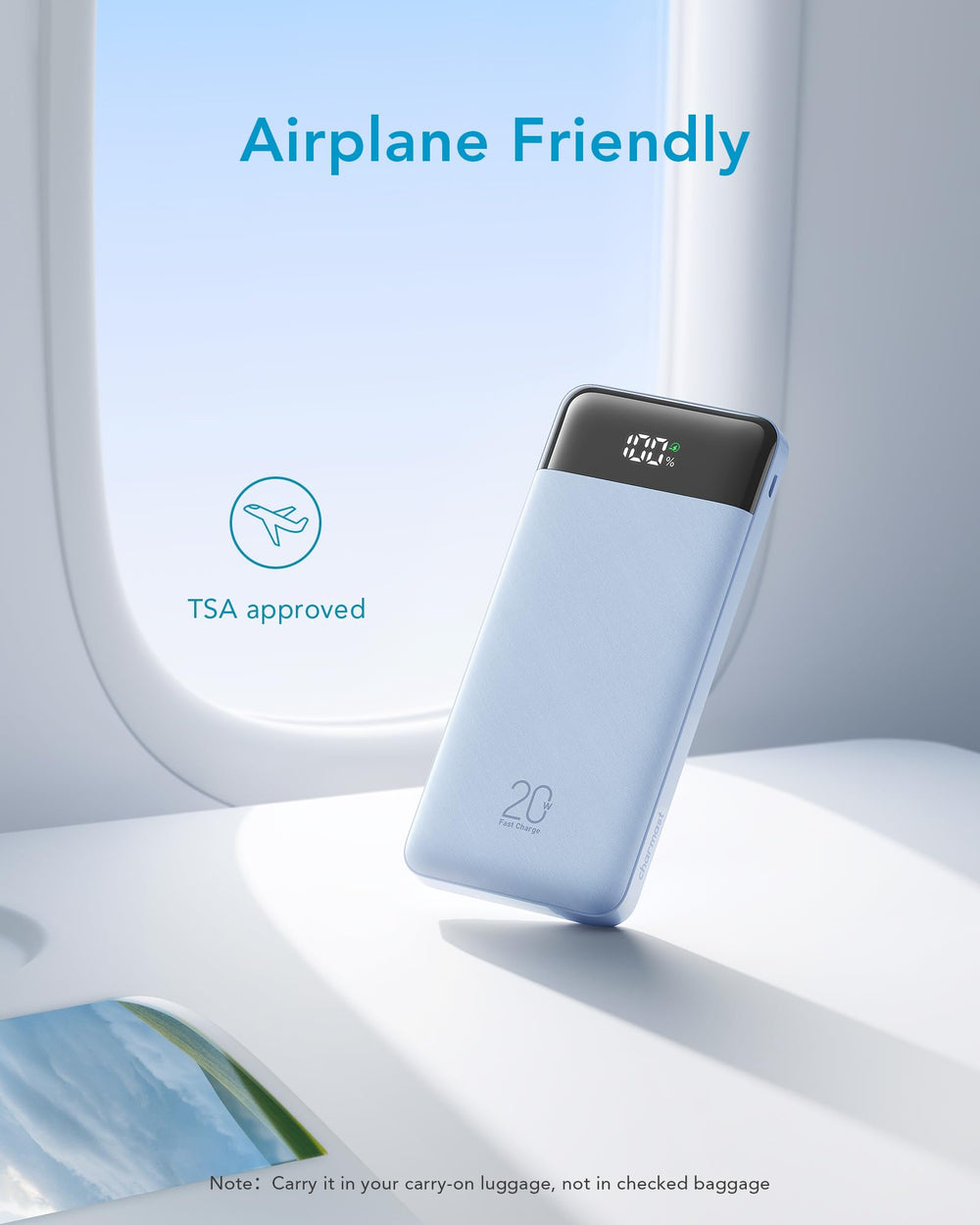 Charmast compact power bank with travel friendly size fits in a bag.
