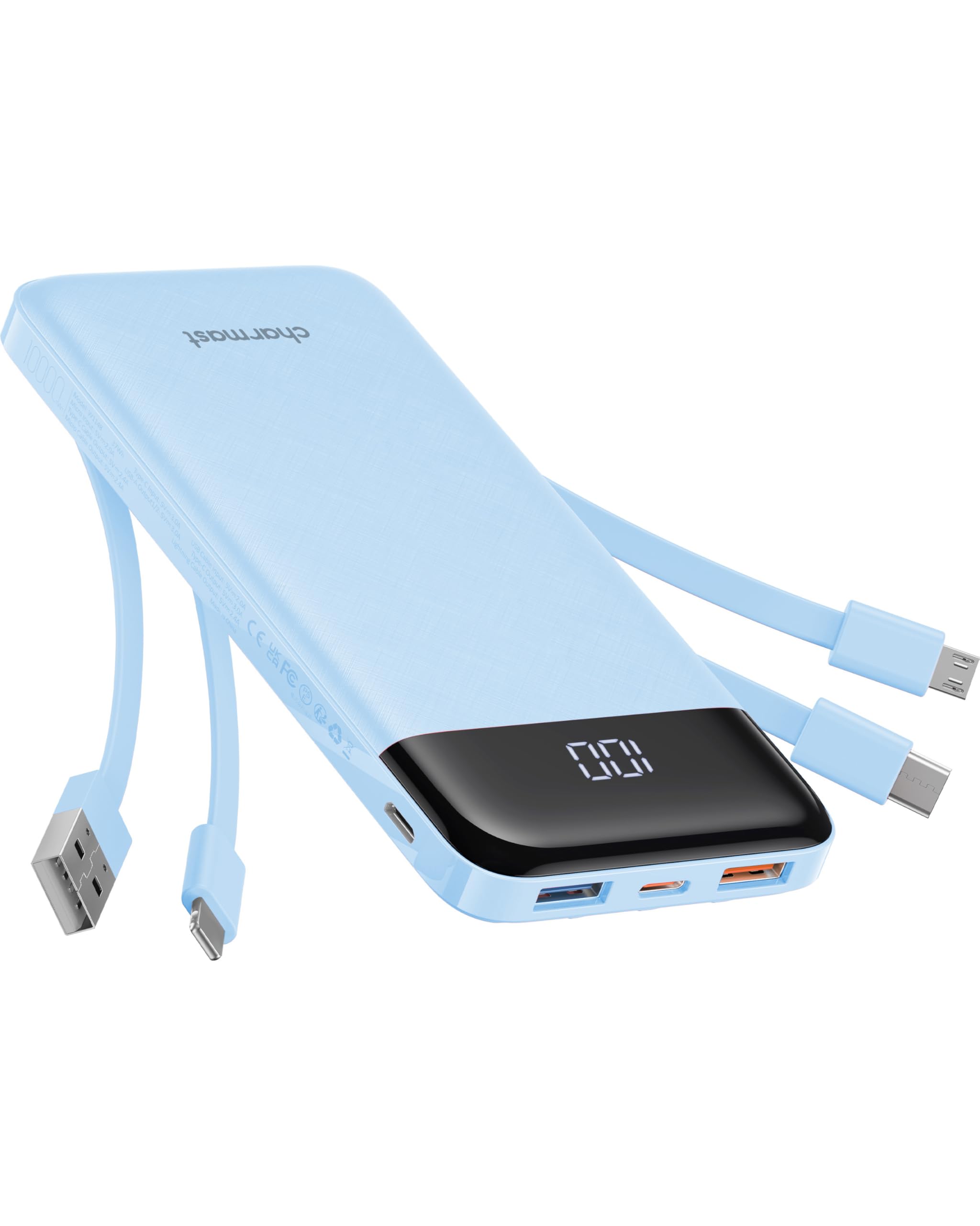 Charmast portable charger with built-in cables — front view for travel-ready power