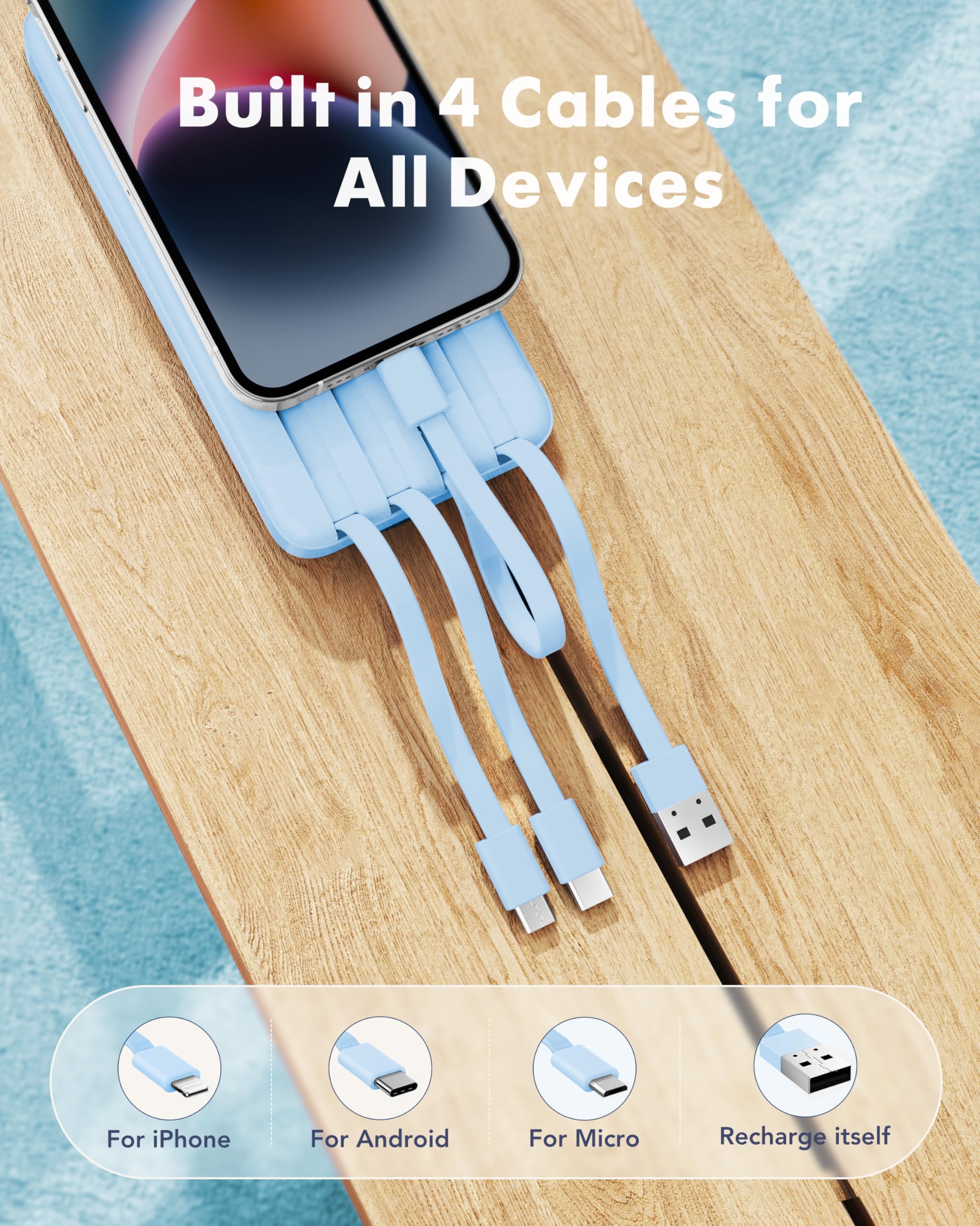 Charmast portable charger with built-in cables — side view showing compact design