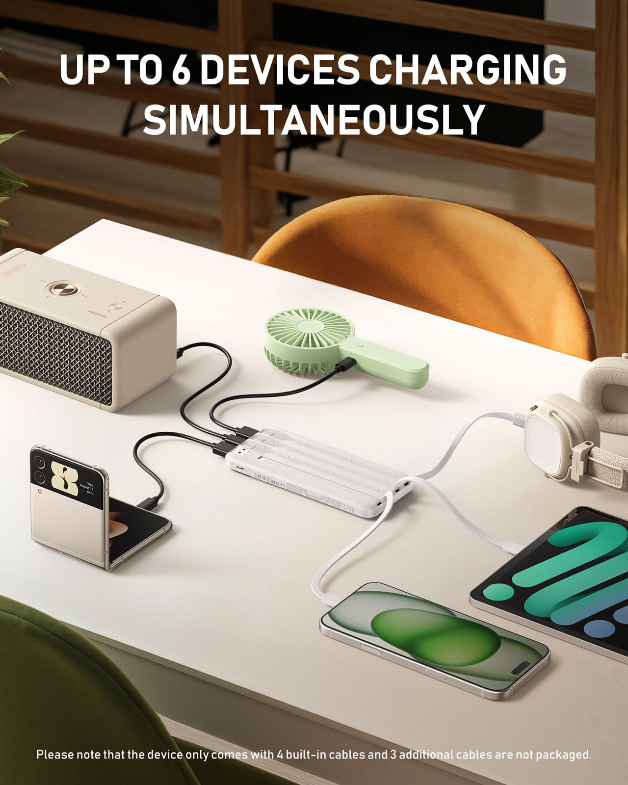 Charmast portable charger side view showing integrated cables for quick use