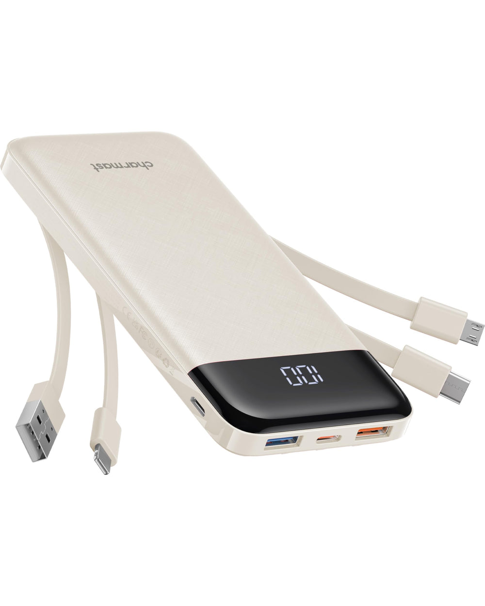 Charmast portable charger with built-in cables ready for travel charging