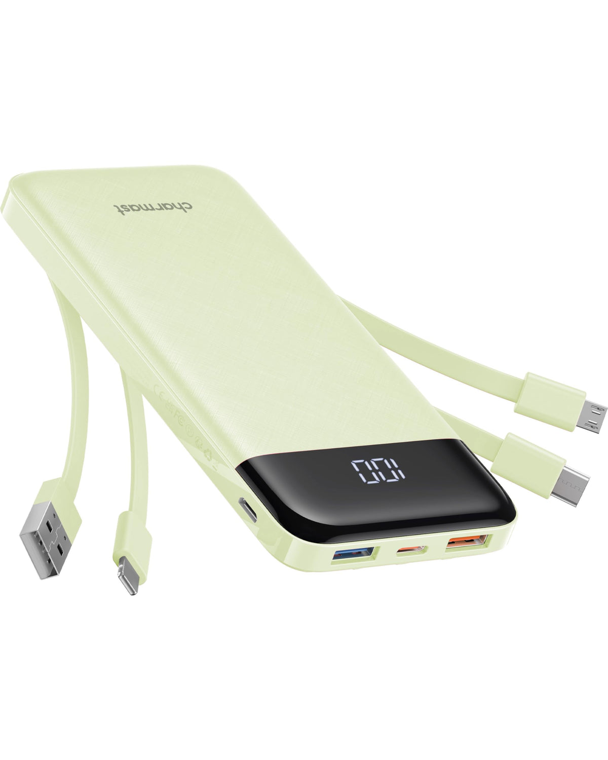 Charmast portable charger built-in cables for clutter-free multi-device charging.