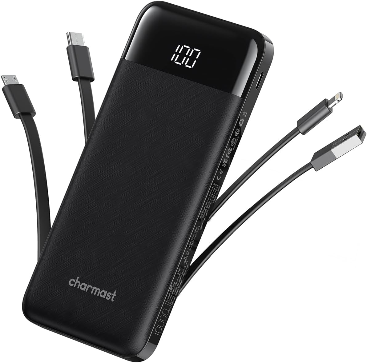 Charmast portable charger built-in cables for convenient on-the-go charging.