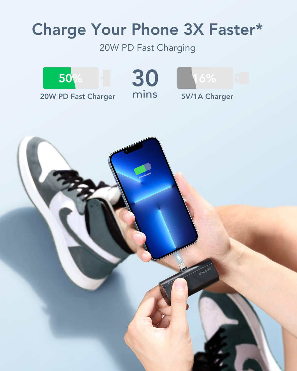 Charmast 18W fast recharge via USB-C input ensures ready-to-go power